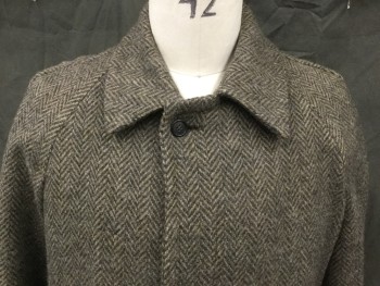 Mens, Coat, Overcoat, BILL BURNS, Lt Brown, Charcoal Gray, Wool, Herringbone, 46, Hidden Placket Button Front, Collar Attached, Raglan Long Sleeves, Button Tab Cuffs, 2 Pockets, Ankle Length