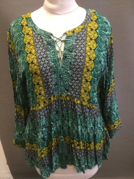 Womens, Top, WORLD MARKET, Black, Green, Gray, Gold, Rayon, Novelty Pattern, 4XL, Round V-neck with Rope Ribbon Lacing, 3/4 Bell Sleeves, Boho Style