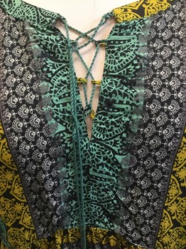 WORLD MARKET, Black, Green, Gray, Gold, Rayon, Novelty Pattern, Round V-neck with Rope Ribbon Lacing, 3/4 Bell Sleeves, Boho Style