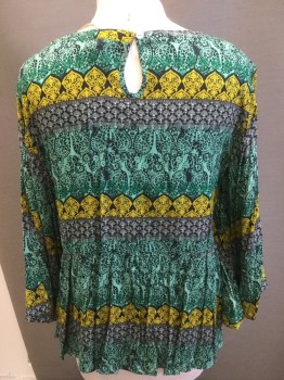 Womens, Top, WORLD MARKET, Black, Green, Gray, Gold, Rayon, Novelty Pattern, 4XL, Round V-neck with Rope Ribbon Lacing, 3/4 Bell Sleeves, Boho Style