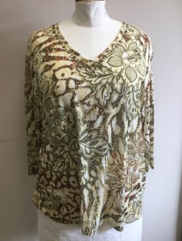 ALFRED DUNNER, Tan Brown, Brown, White, Rust Orange, Polyester, Beaded, Floral, Abstract , Jersey, 3/4 Sleeves, V-neck, Bronzed Beaded Detail at Neckline, Pullover