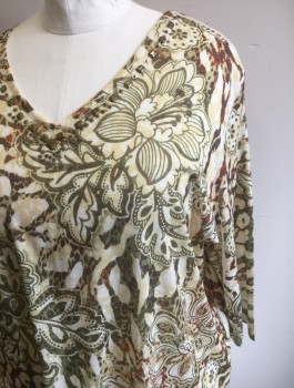 Womens, Top, ALFRED DUNNER, Tan Brown, Brown, White, Rust Orange, Polyester, Beaded, Floral, Abstract , 3X, Jersey, 3/4 Sleeves, V-neck, Bronzed Beaded Detail at Neckline, Pullover
