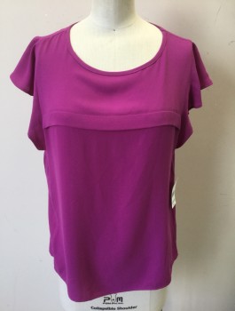 COVINGTON, Magenta Pink, Polyester, Solid, Crepe, Cap Sleeve, Scoop Neck, Horizontal Pleat Across Bust, Pullover