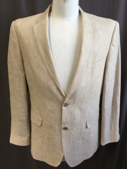 TOMMY HILFIGER , Sand, Linen, Heathered, Notched Lapel, Single Breasted, 2 Button Front, 3 Pockets, Long Sleeves, 2 Slit Back Hem, Pale Yellow with Self/shinny Polka Dots Lining