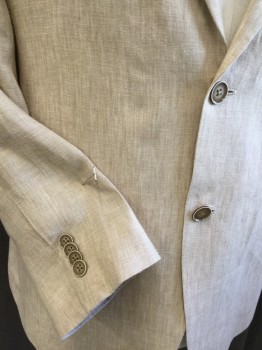 TOMMY HILFIGER , Sand, Linen, Heathered, Notched Lapel, Single Breasted, 2 Button Front, 3 Pockets, Long Sleeves, 2 Slit Back Hem, Pale Yellow with Self/shinny Polka Dots Lining