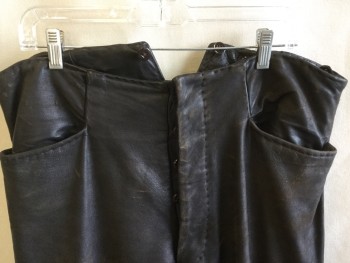 Mens, Historical Fiction Pants, FOX 2, Dk Brown, Leather, Solid, 38, Aged/distressed, No Waistband, Dark Brown Button Front, 2 Pockets, Black Stirrup Hem