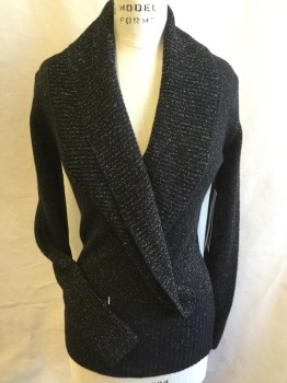 Womens, Pullover, SOFIA, Black, Metallic, Gray, Acrylic, Polyester, Speckled, S, Self Ribbed Knit Overlap Shawl Collar, Long Sleeves Cuff and Hem