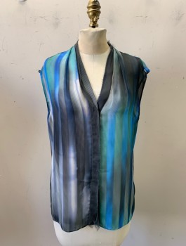 Womens, Blouse, ELIE TAHARI, Blue, Multi-color, Silk, Polyester, Stripes, S, V-N, Button Front, Slvls, Raw Edge on Bttn. Placket and Neck, Blue, Green, and Black Stripes, Sheer