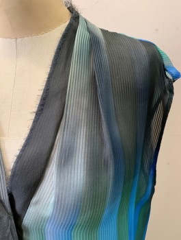 Womens, Blouse, ELIE TAHARI, Blue, Multi-color, Silk, Polyester, Stripes, S, V-N, Button Front, Slvls, Raw Edge on Bttn. Placket and Neck, Blue, Green, and Black Stripes, Sheer