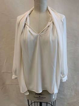 Womens, Blouse, BANANA REPUBLIC, Eggshell White, Polyester, Solid, S, L/S, C.A.,  V-N,  Attached Neck Tie,