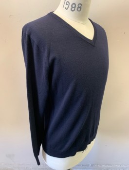 Mens, Pullover Sweater, J.CREW, Navy Blue, Wool, Solid, M, Knit, V-neck, Long Sleeves