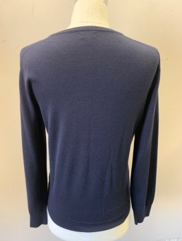 Mens, Pullover Sweater, J.CREW, Navy Blue, Wool, Solid, M, Knit, V-neck, Long Sleeves