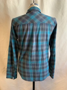 DC, Teal Blue, Gray, Black, Poly/Cotton, Plaid, Collar Attached, Button Front, 1 Chest Pocket, Long Sleeves