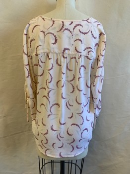 Womens, Top, CHELSEA, Beige, Red Burgundy, Polyester, Swirl , M, V-neck, Pullover, Long Sleeves, Drawstring at Sleeves