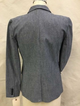 Womens, Blazer, J CREW, Slate Blue, Cotton, Heathered, 2, Single Breasted, 1 Button, Notched Lapel, 3 Pockets, Chambray, Top Stitched Detail