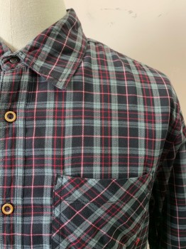Mens, Casual Shirt, HURLEY, Red, Black, Gray, White, Cotton, Plaid, L, Collar Attached, Button Front, Long Sleeves, 1 Pocket