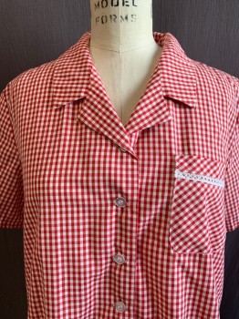Womens, Maternity, MOTHERHOOD, Red, White, Poly/Cotton, Gingham, S, Maternity Top, Collar Attached, Button Front, Short Sleeves, 1 Chest Pocket, Criss Cross See Through Trim on Pocket