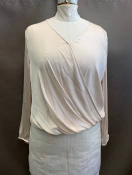 BANANA REPUBLIC, Ivory White, Polyester, Solid, V-N, Hook & Eye CF, L/S, Button Cuffs, Wrap Style, Pleated Front