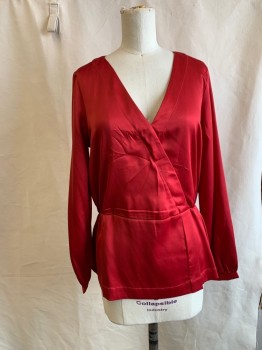 Womens, Blouse, J.CREW, Red, Polyester, Solid, XS, L/S, V-N, Cross Over Front, Elastic Waist And Cuffs