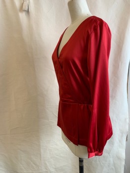 Womens, Blouse, J.CREW, Red, Polyester, Solid, XS, L/S, V-N, Cross Over Front, Elastic Waist And Cuffs