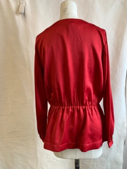 J.CREW, Red, Polyester, Solid, L/S, V-N, Cross Over Front, Elastic Waist And Cuffs