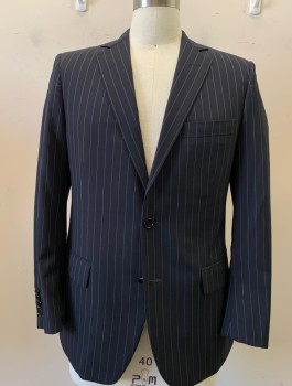 Mens, Suit, Jacket, BROOKS BROTHERS, Navy Blue, White, Wool, Stripes - Pin, 40R, 2 Button, Flap Pockets, Single Vent