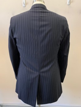 Mens, Suit, Jacket, BROOKS BROTHERS, Navy Blue, White, Wool, Stripes - Pin, 40R, 2 Button, Flap Pockets, Single Vent