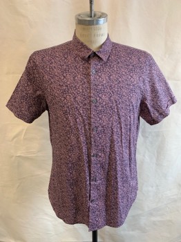 Mens, Casual Shirt, JOHN VARVARTOS, Purple, Mauve Pink, Cotton, Floral, M, S/S, Button Front, Cuffed Sleeves