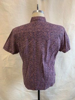 Mens, Casual Shirt, JOHN VARVARTOS, Purple, Mauve Pink, Cotton, Floral, M, S/S, Button Front, Cuffed Sleeves