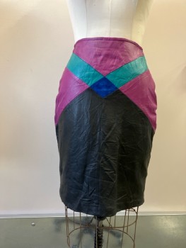 JULIAN K., Purple/Teal/Black Leather Geometric Patchwork with Blue Suede Diamond CF, Straight, Back Zip, Just Below Knee, Lined, Crinkled And Scuffed
