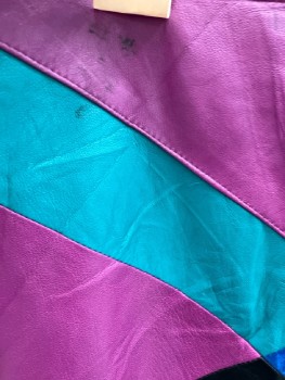 JULIAN K., Purple/Teal/Black Leather Geometric Patchwork with Blue Suede Diamond CF, Straight, Back Zip, Just Below Knee, Lined, Crinkled And Scuffed