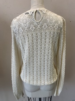 Womens, Pullover Sweater, THE KOOPLES, Ecru, Cotton, Solid, S, Lace Knit, Long Sleeves, Crew Neck, Keyhole Back