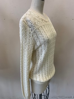Womens, Pullover, THE KOOPLES, Ecru, Cotton, Solid, S, Lace Knit, Long Sleeves, Crew Neck, Keyhole Back
