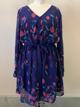 Liza Luxe, Navy Blue, Mauve Purple, Turquoise Blue, Polyester, Floral, L/S, V Neck, Decorative Buttons, Side Zipper, Sheer Sleeves, Pleated, with Waist Belt