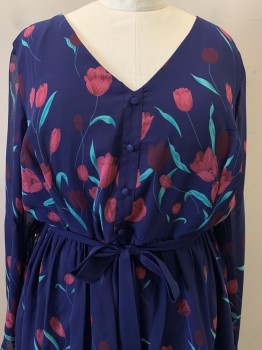 Liza Luxe, Navy Blue, Mauve Purple, Turquoise Blue, Polyester, Floral, L/S, V Neck, Decorative Buttons, Side Zipper, Sheer Sleeves, Pleated, with Waist Belt