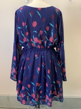 Liza Luxe, Navy Blue, Mauve Purple, Turquoise Blue, Polyester, Floral, L/S, V Neck, Decorative Buttons, Side Zipper, Sheer Sleeves, Pleated, with Waist Belt