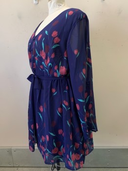 Liza Luxe, Navy Blue, Mauve Purple, Turquoise Blue, Polyester, Floral, L/S, V Neck, Decorative Buttons, Side Zipper, Sheer Sleeves, Pleated, with Waist Belt
