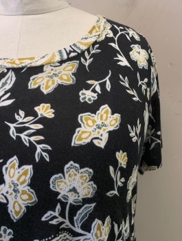 Womens, Top, N/L, Black, Multi-color, Rayon, Floral, B46, Scoop Neck, S/S, Handkerchief Hem, 2 Pockets, Forest Green, Gold, and White Floral Pattern