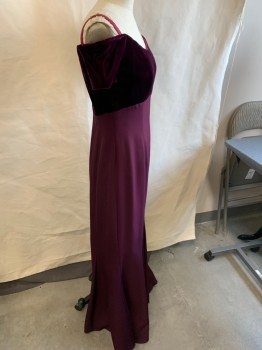 Womens, Evening Gown, JIM HJELM OCCASIONS, Wine Red, Rayon, Polyester, Solid, B:36, 10, W: 25, Sweetheart Neck, Straps, Off The Shoulders, Empire Waist, Princess Seams, Velvet Half, Zipper At Back