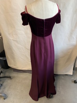Womens, Evening Gown, JIM HJELM OCCASIONS, Wine Red, Rayon, Polyester, Solid, B:36, 10, W: 25, Sweetheart Neck, Straps, Off The Shoulders, Empire Waist, Princess Seams, Velvet Half, Zipper At Back