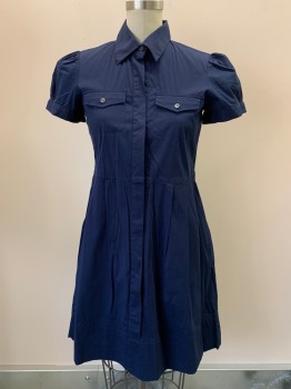 THEORY, Navy Blue, Polyester, Cotton, Solid, Hort Puff Sleeves, Button Front, Collar Attached, Chest And Side Pockets, Pleated Skirt,