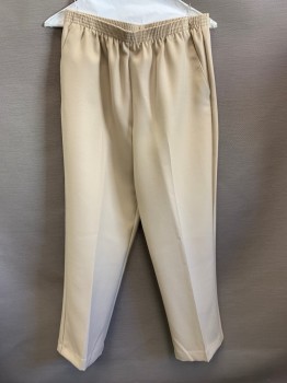 ALFRED DUNNER, Beige, Polyester, Solid, Elastic Waist Band, Side Pockets, Creased