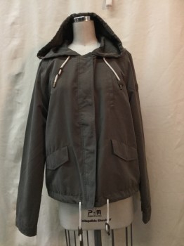 Womens, Casual Jacket, ONLY, Olive Green, Polyester, Nylon, Solid, M, Olive, Zip & Button Front, 2 Pockets, Drawstring Waist, Hood