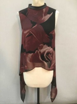Womens, Top, DIVIDED, Red Burgundy, Black, Mauve Pink, Polyester, Faux Leather, Floral, 4, Floral Chiffon, Sleeveless, 1" Wide Solid Black Pleather Band Collar, Dramatic High/Low Hemline