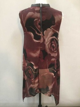 DIVIDED, Red Burgundy, Black, Mauve Pink, Polyester, Faux Leather, Floral, Floral Chiffon, Sleeveless, 1" Wide Solid Black Pleather Band Collar, Dramatic High/Low Hemline