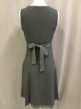 Womens, Cocktail Dress, ELIE TAHARI, Black, Silver, Polyester, Elastane, Solid, XS, Round Neck, Sleeveless, Side Zipper, Belt Loops, Attached Grosgrain Belt Ties in Back, Laser Cut Leather and Metal Filigree Front Waist, Sheer Trim at Neck Line and Hem. Top Stitch,