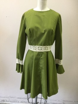 MTO, Olive Green, Cream, Cotton, Solid, Cream Lace Detail at Waist and Cuff, L/S, with Flare Cuff, A-line, Zip Back, Hem Above Knee