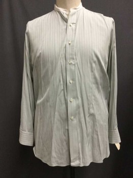 Gray, Lt Gray, Cotton, Stripes, Gray with Light Gray Stripes & Trim, Button Front, Collar Band, Long Sleeves, Aged,