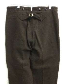 NO LABEL, Dk Brown, Wool, Solid, Flat Front, Button Fly, Suspender Buttons, Back Adjustable Buckle, Side Pockets