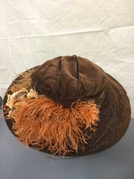 N/L, Brown, Caramel Brown, Rust Orange, Tan Brown, Silk, Feathers, Solid, Velvet, 4" Wide Brim, Gathered Fabric at Crown, Caramel and Rust Ostrich Feathers, Tan Velour Bow, Brown Netting Attached, **Damaged/Worn Throughout - Velvet is Shattering at Top of Crown, at Brim Fabric Has Worn Away to Reveal Wire Structure Underneath,